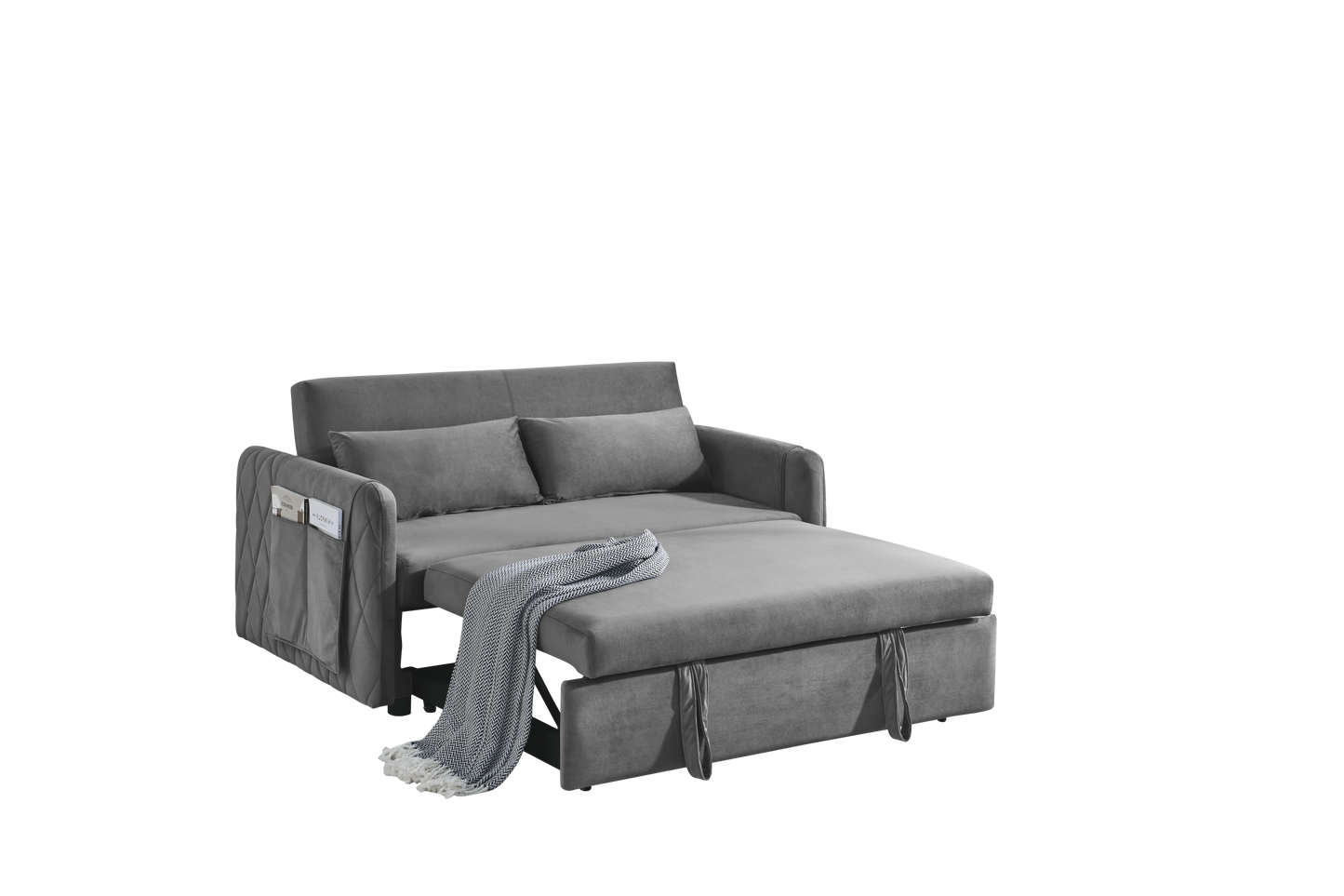 55" Modern Convertible Sofa Bed with 2 Detachable Arm Pockets, Velvet Loveseat Sofa with Pull Out Bed, 2 Pillows and Living Room Adjustable Backrest, Grid Design Armrests House to Home Furnishings LLC