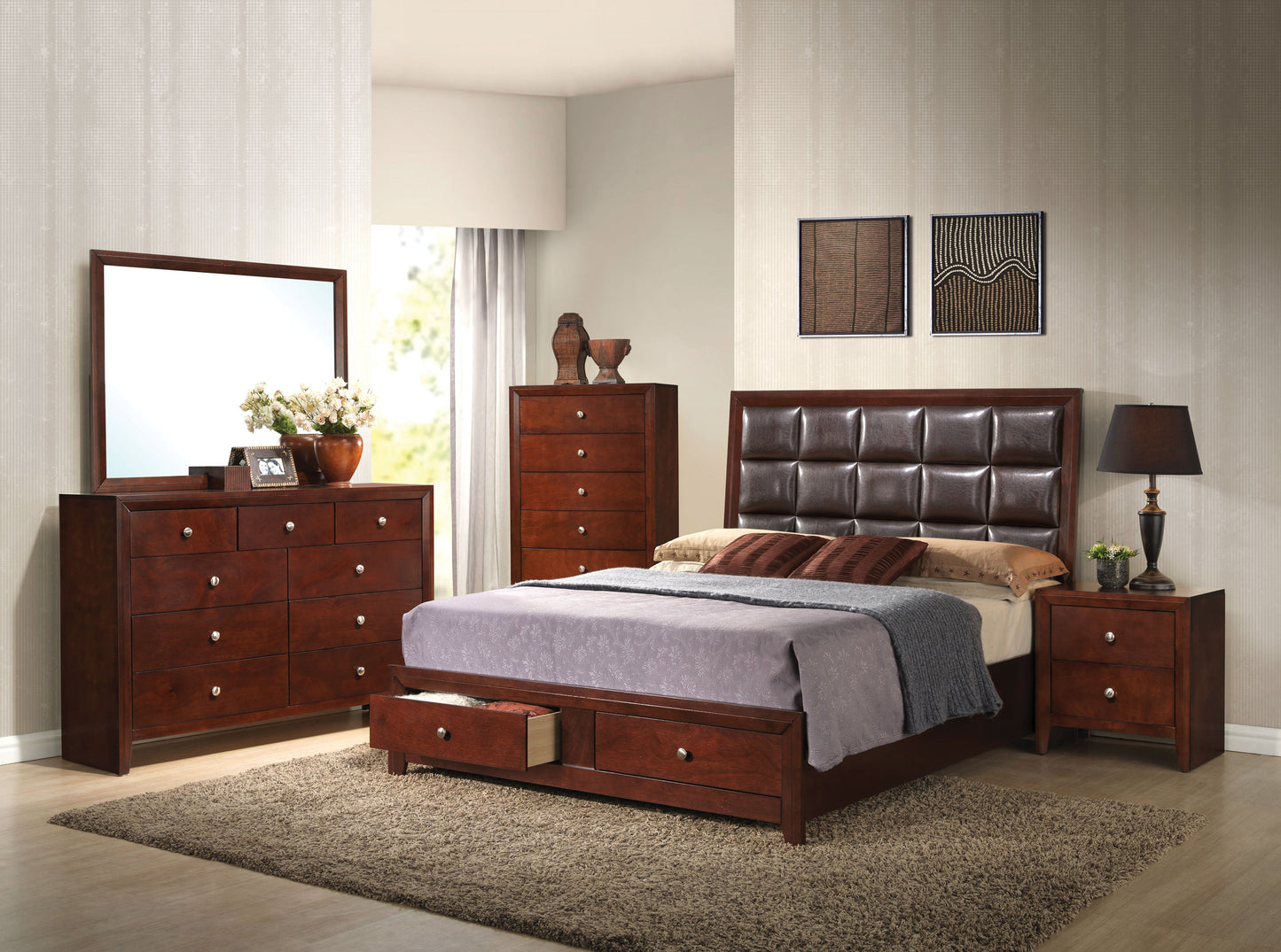 Ilana Brown PU & Brown Cherry Queen Bed ACME East