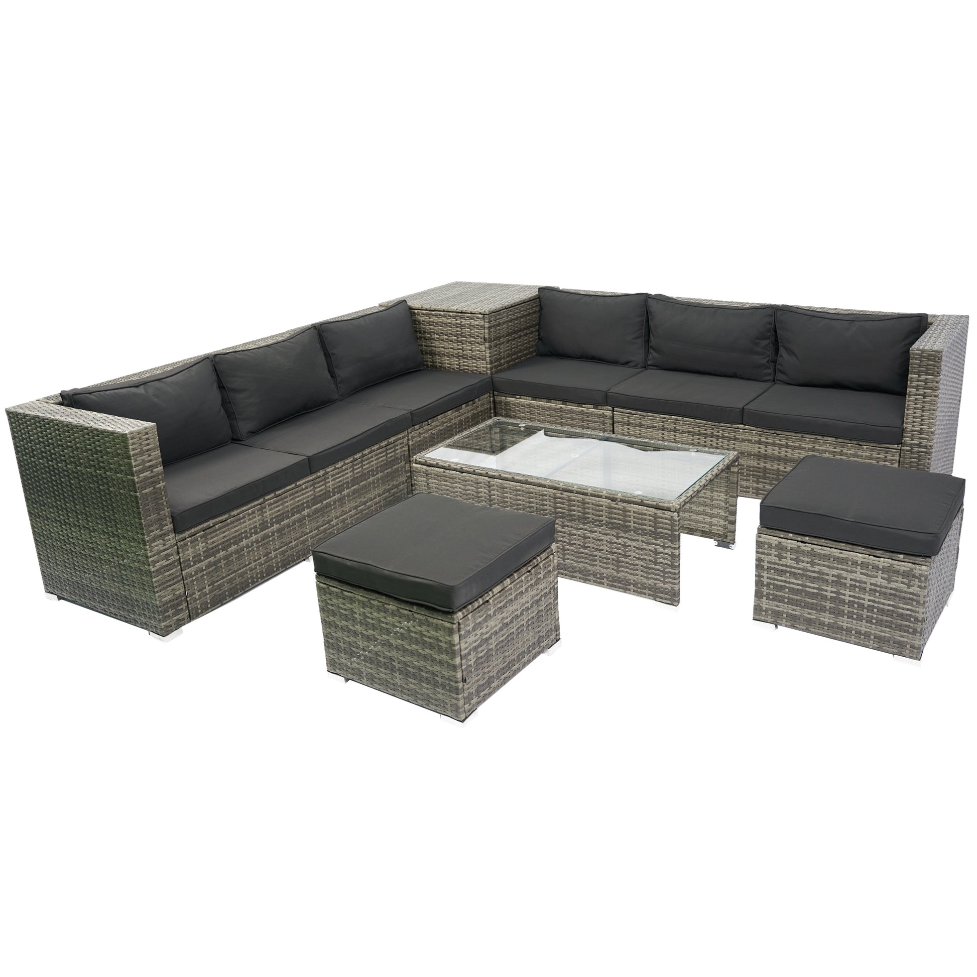 8 Piece Patio Outdoor Sectional Wicker Rattan Outdoor Furniture Sofa Set with One Storage Box Under Seat and Cushion Box Grey wicker + Black Cushion + Clear Glass Top House to Home Furnishings LLC