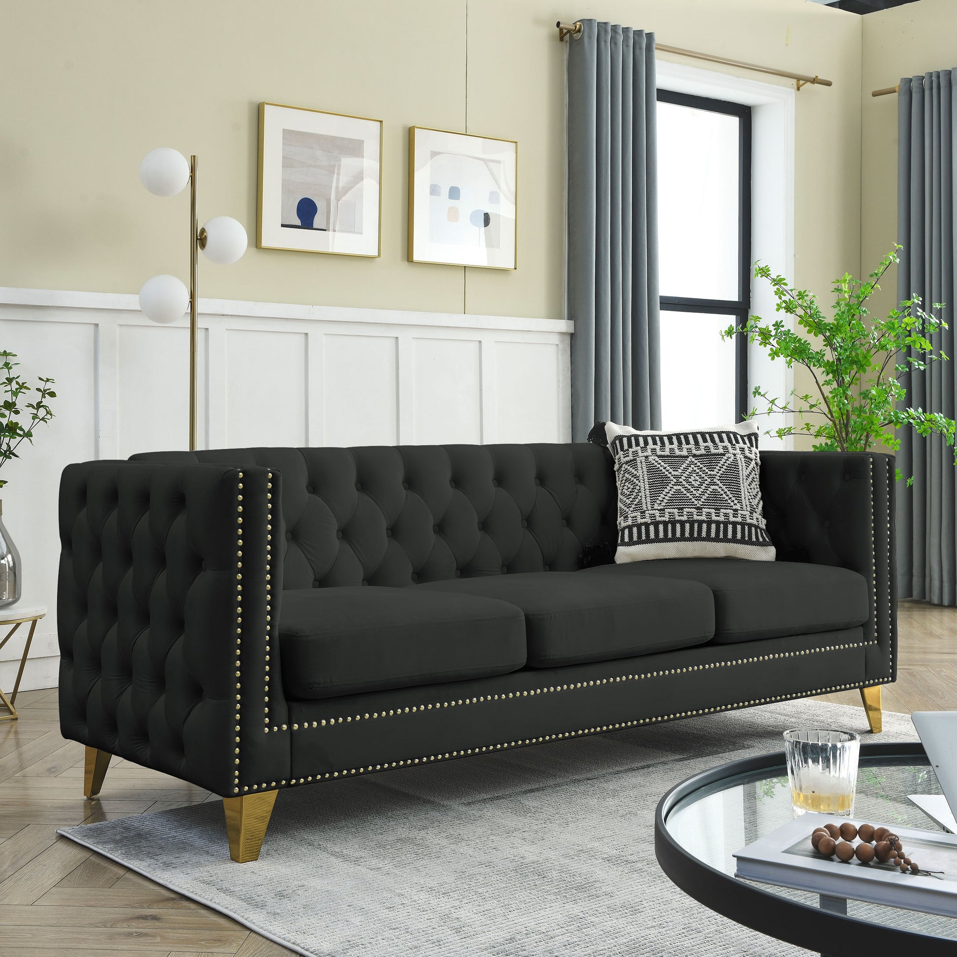 {Contact us for 3D modeling} Velvet Sofa for Living Room,Buttons Tufted Square Arm Couch, Modern Couch Upholstered Button and Metal Legs, Sofa Couch for Bedroom, Black Velvet(W834S00022) House to Home Furnishings LLC