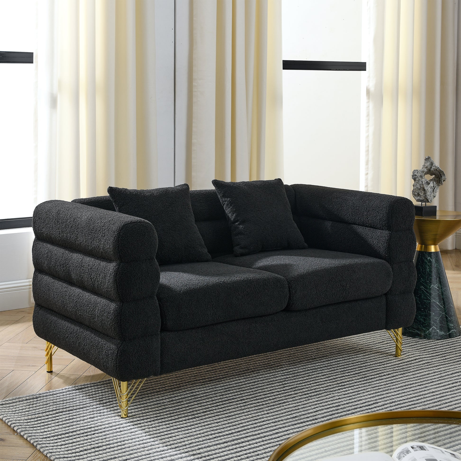 60 Inch Oversized 2 Seater Sectional Sofa, Living Room Comfort Fabric Sectional Sofa - Deep Seating Sectional Sofa, Soft Sitting with 2 Pillows for Living Room, Bedroom, Office, etc., Black teddy House to Home Furnishings LLC