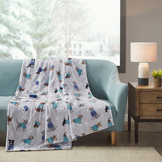 Printed Heated Throw Grey Dogs Olliix.com