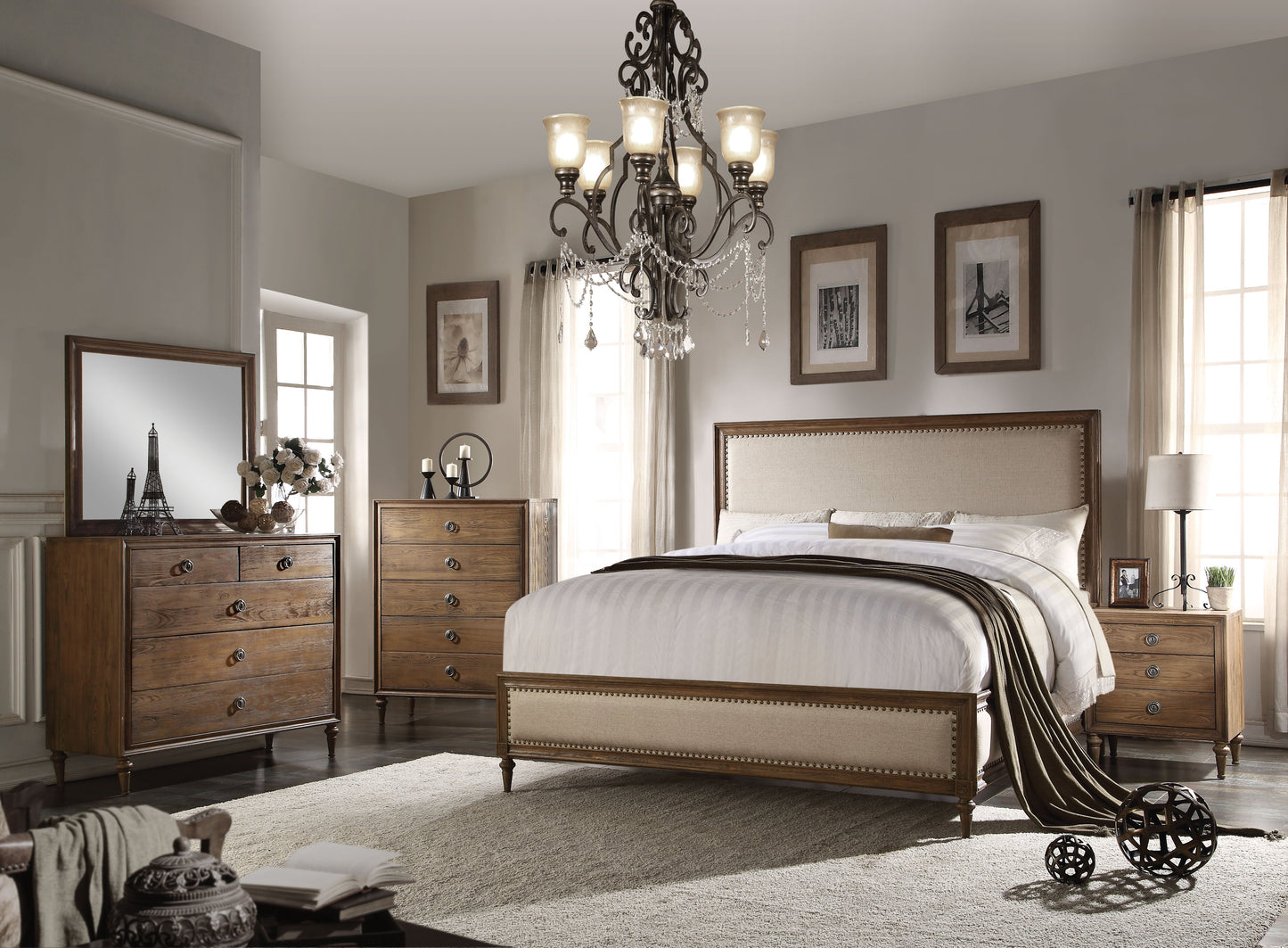 Inverness Beige Linen & Reclaimed Oak Queen Bed ACME East