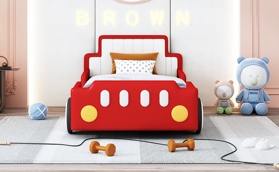 Twin Size Race Car-Shaped Platform Bed with Wheels,Red House to Home Furnishings LLC