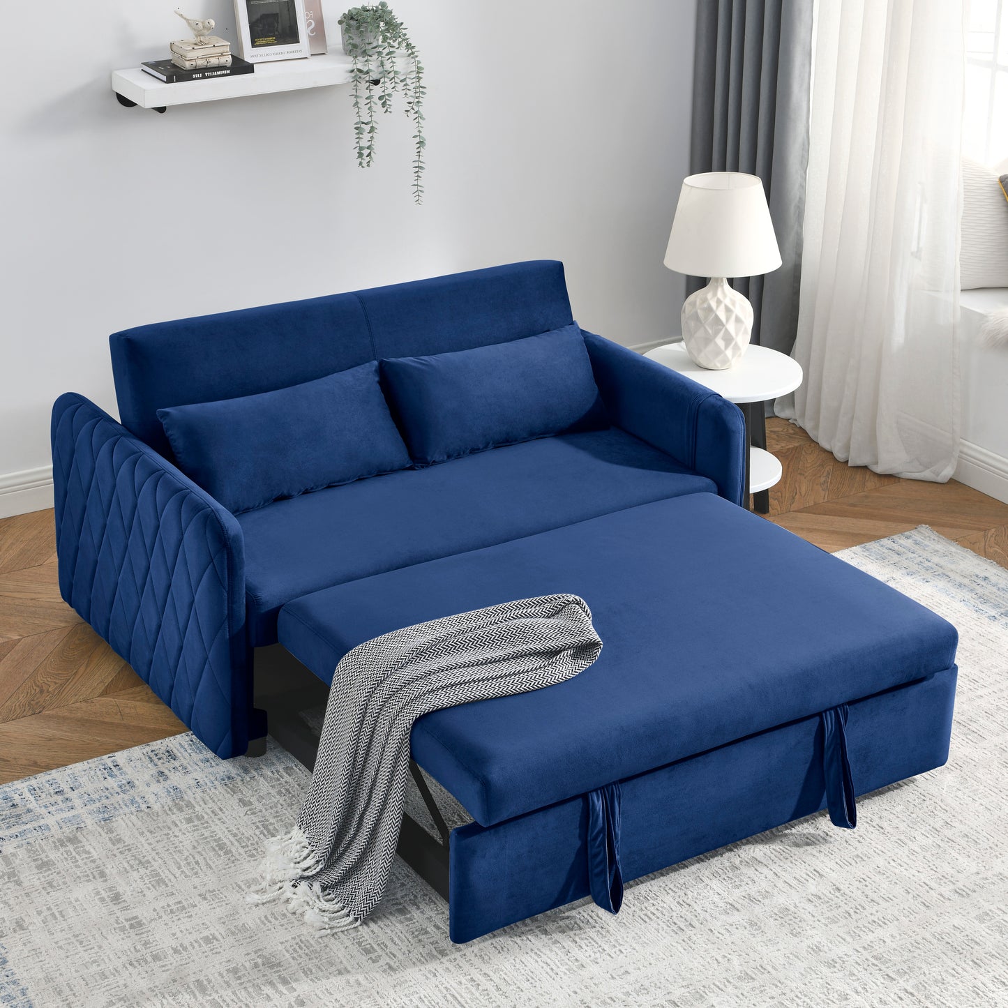 55" Modern Convertible Sofa Bed with 2 Detachable Arm Pockets, Velvet Loveseat Sofa with Pull Out Bed, 2 Pillows and Living Room Adjustable Backrest, Grid Design Armrests ***(FREE SHIPPING)*** House to Home Furnishings LLC