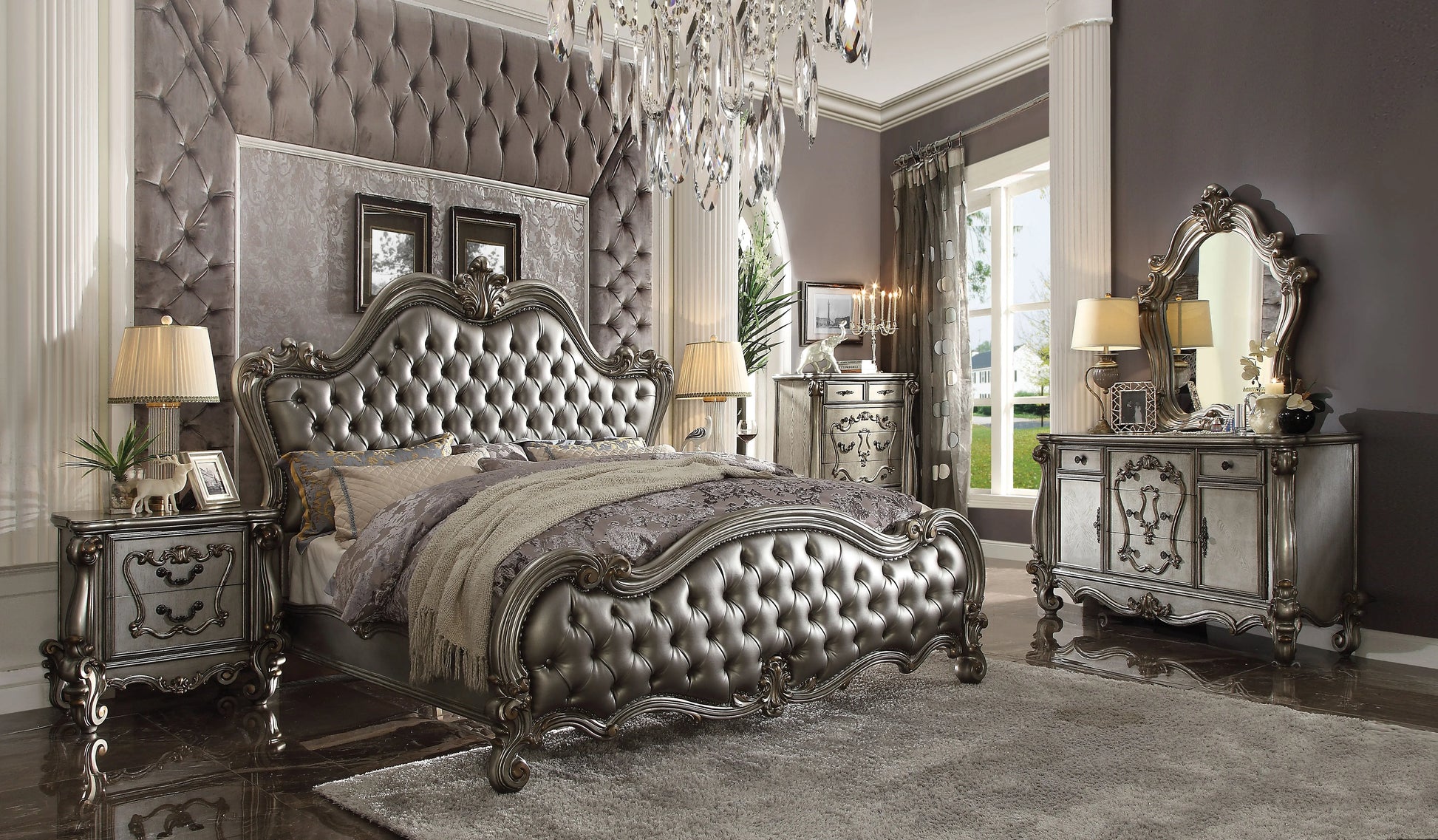 Versailles II Silver PU & Antique Platinum Queen Bed ACME East