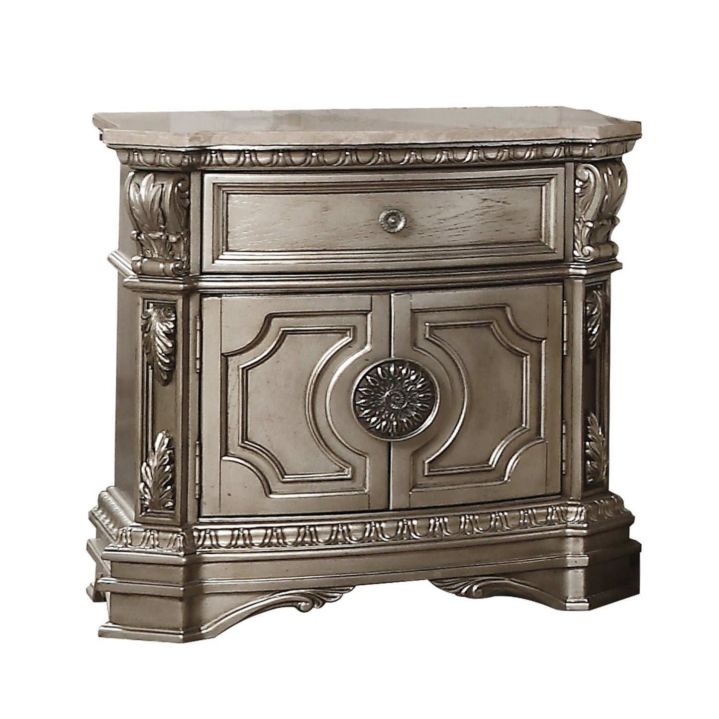 Northville Antique Silver Nightstand (MARBLE TOP) ACME East