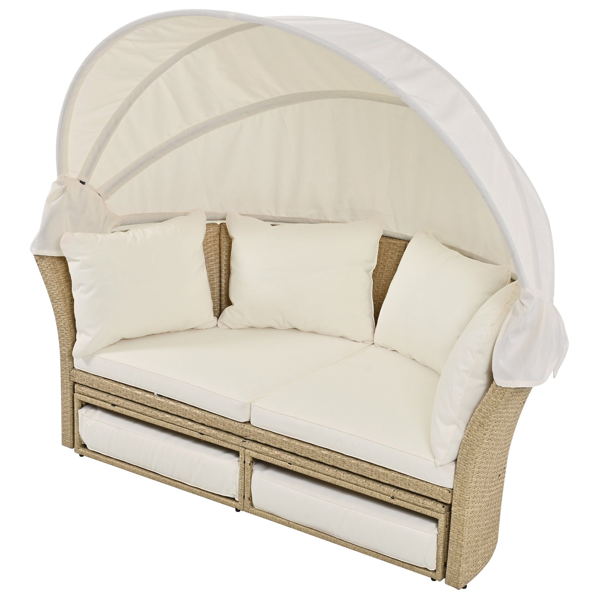 Outdoor Patio Daybed Wicker Rattan Double Daybed Round Sofa Furniture Set with Retractable Canopy, 4 Pillows for Lawn Garden Backyard Porch Pool, Beige House to Home Furnishings LLC