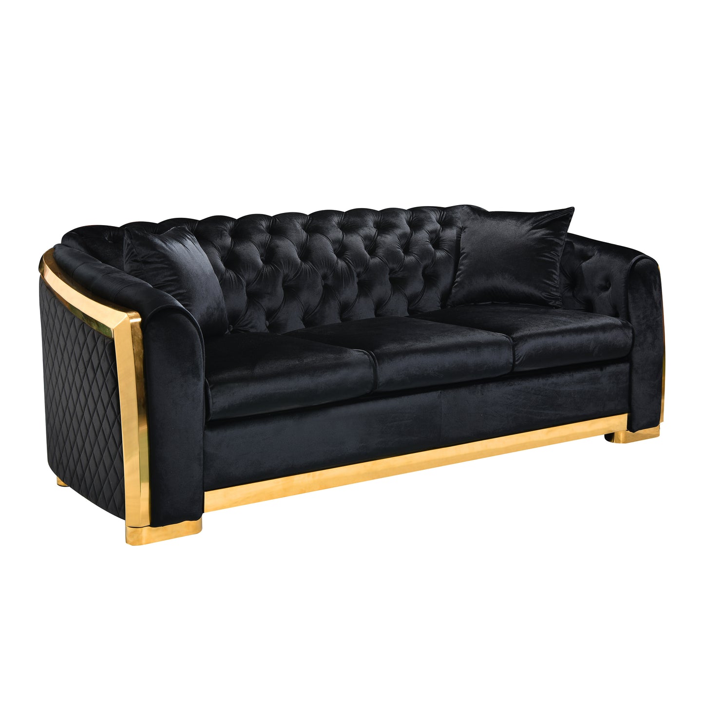 Velvet Luxury Chesterfield Sofa Set, 84 Inches Tufted 3 Seat Couch with Gold Stainless for Living Room, Black Fabric House to Home Furnishings LLC