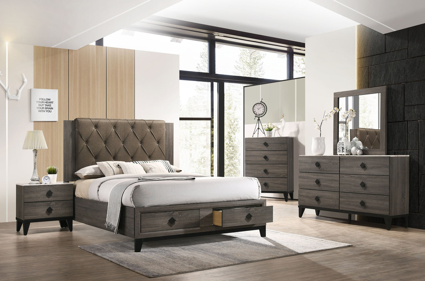 Avantika Fabric & Rustic Gray Oak Eastern King Bed (Storage) ACME East