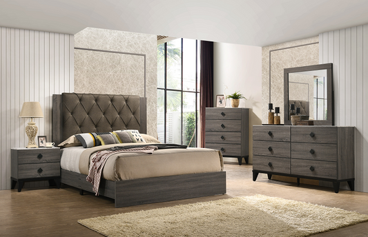 Avantika Fabric & Rustic Gray Oak Eastern King Bed ACME East