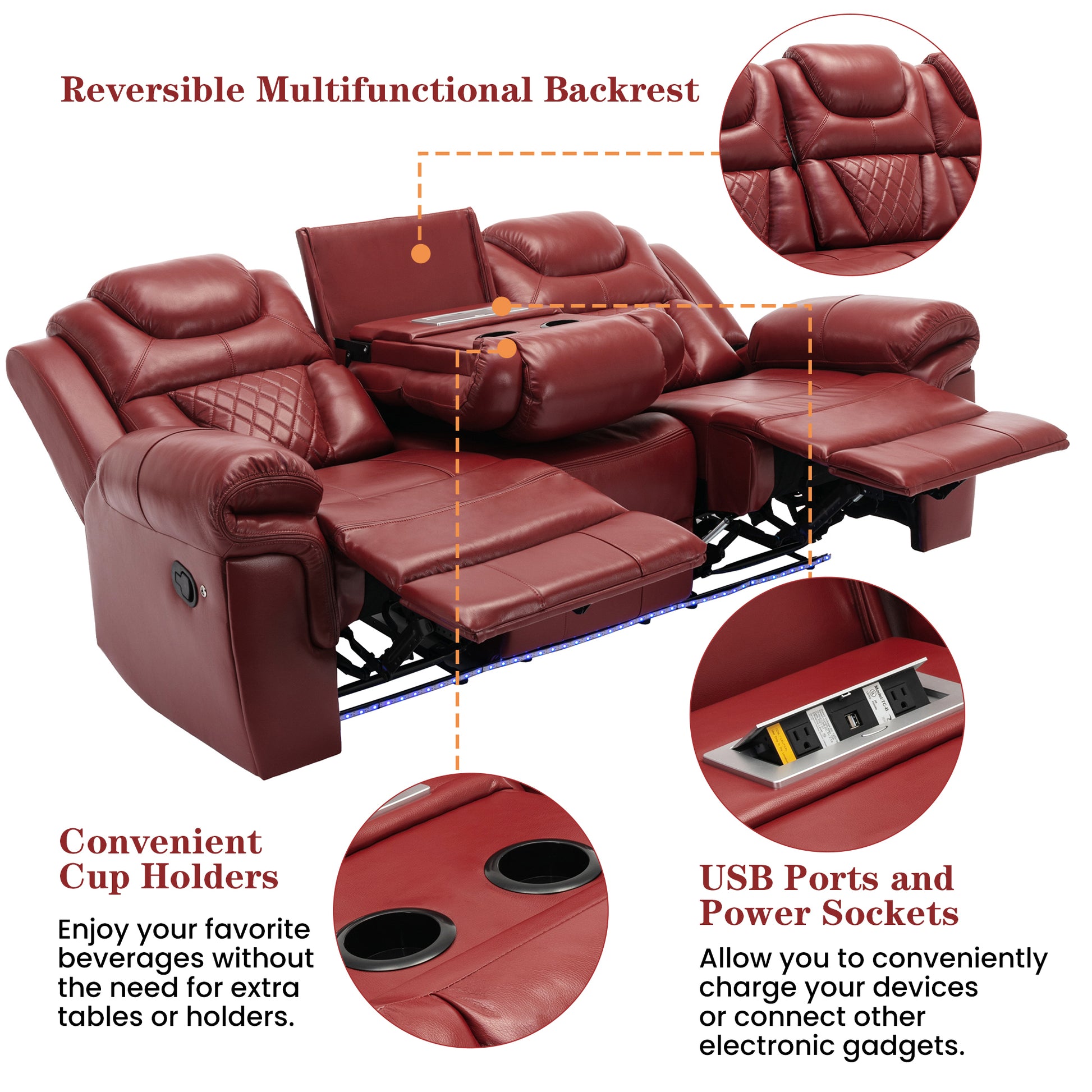 3 Pieces Recliner Sofa Sets Home Theater Seating Manual Recliner Chair with Center Console and LED Light Strip for Living Room, Wind Red House to Home Furnishings LLC