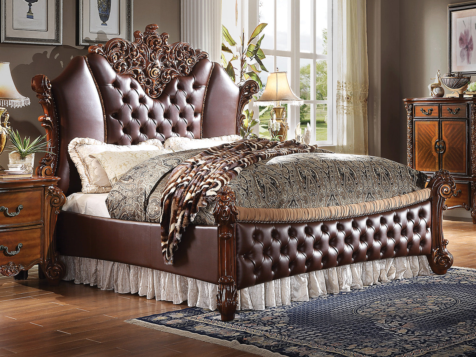 Acme Vendome II Queen Upholstered Bed with Button Tufted Headboard in Cherry 28020Q ACME East