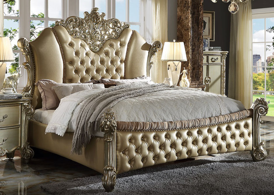 Acme Vendome II Queen Upholstered Bed with Button Tufted Headboard in Bone/Gold Patina 28030Q ACME East