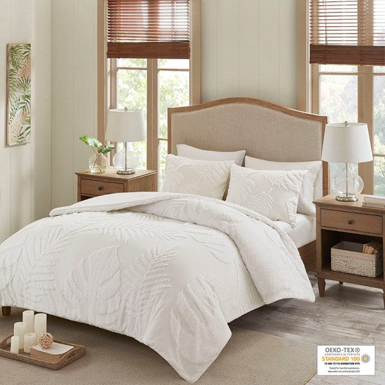 3 Piece Tufted Cotton Chenille Palm Comforter Set Off-White Full/Queen Olliix.com