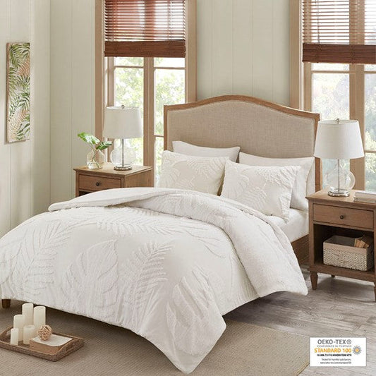 3 Piece Tufted Cotton Chenille Palm Comforter Set Off-White Full/Queen Olliix.com