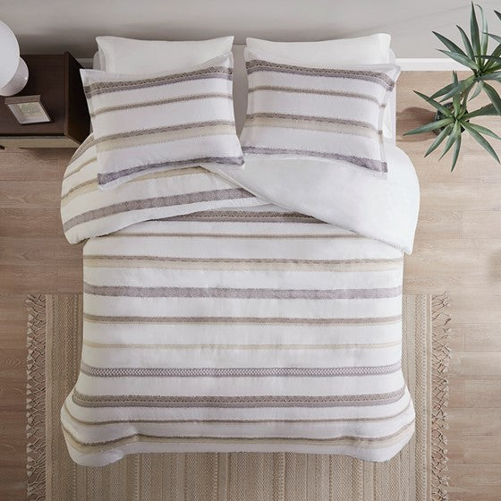 3 Piece Clipped Jacquard Duvet Cover Set Neutral Cal King Olliix.com