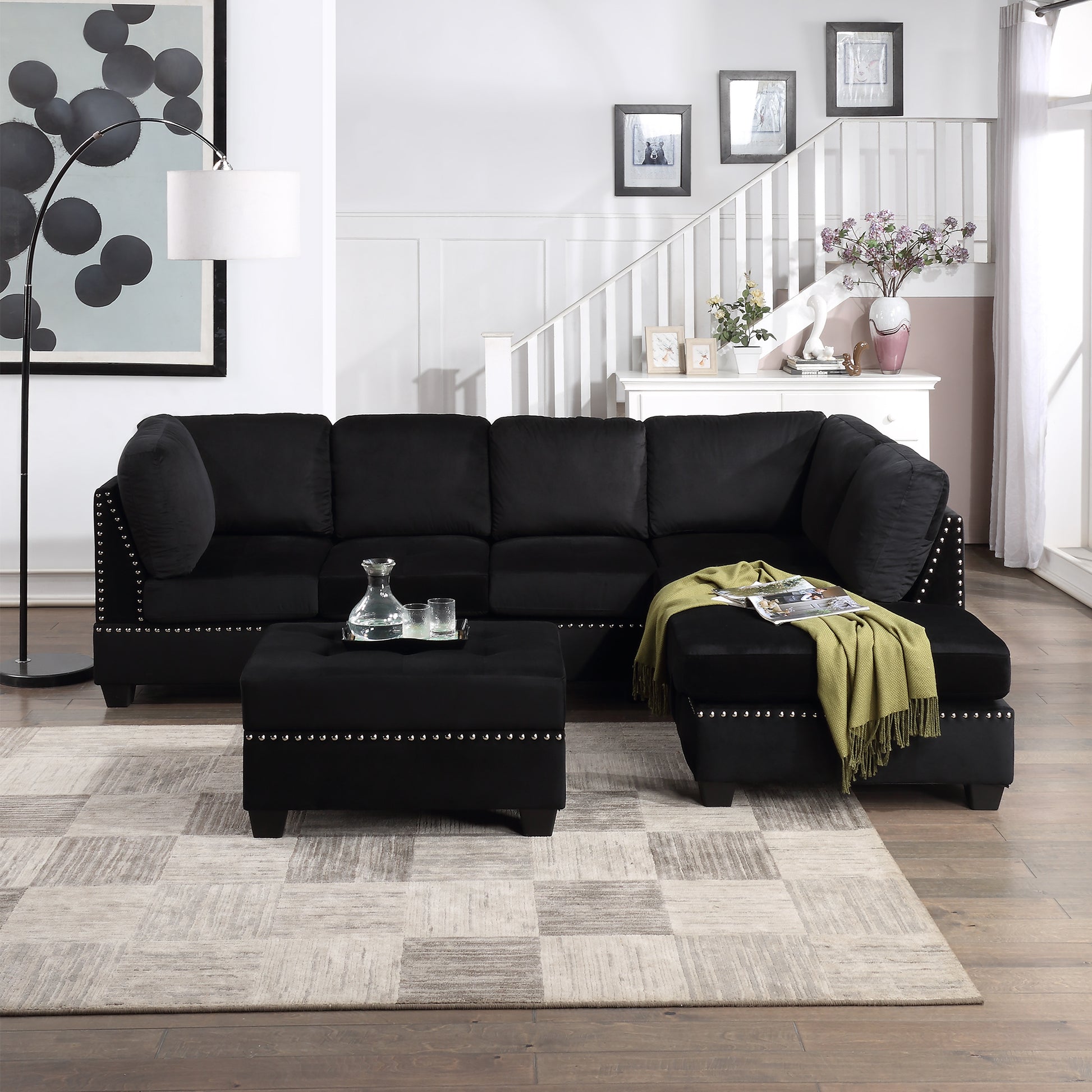 104.5" Reversible Sectional Sofa Space Saving with Storage Ottoman Rivet Ornament L-
shape Couch for Small or Large Space Dorm Apartment,Black(Old:SG000406AAA) House to Home Furnishings LLC