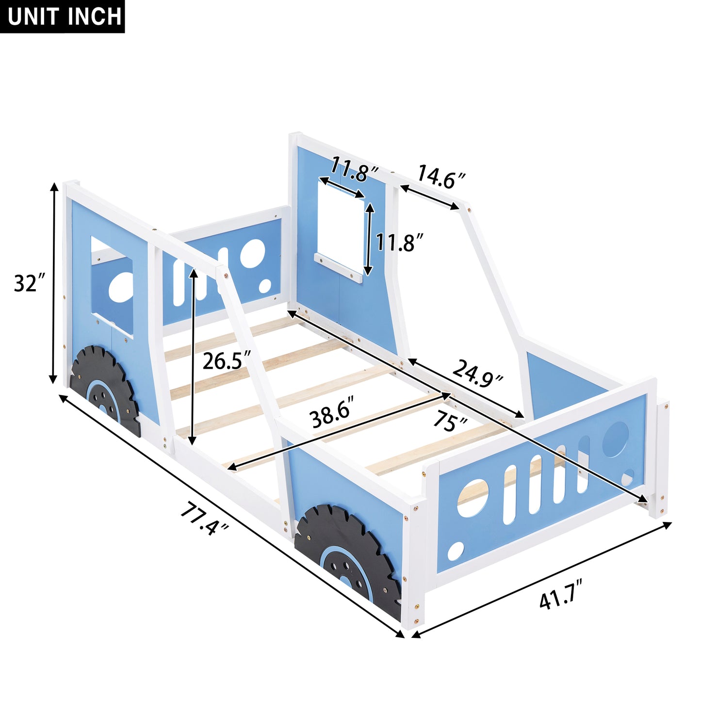 Twin Size Classic Car-Shaped Platform Bed with Wheels,Blue House to Home Furnishings LLC