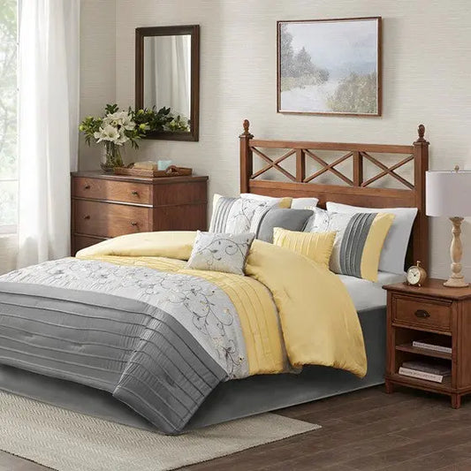 Embroidered 7 Piece Comforter Set Yellow Queen Olliix.com