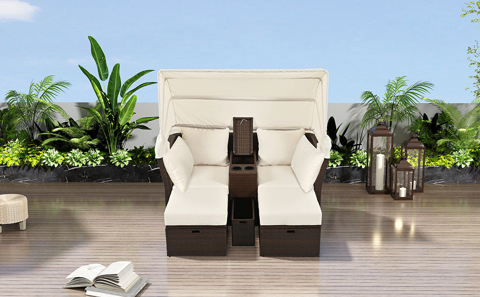 2-Seater Outdoor Patio Daybed Outdoor Double Daybed Outdoor Loveseat Sofa Set with Foldable Awning and Cushions for Garden, Balcony, Poolside, Beige ***(FREE SHIPPING)*** House to Home Furnishings LLC