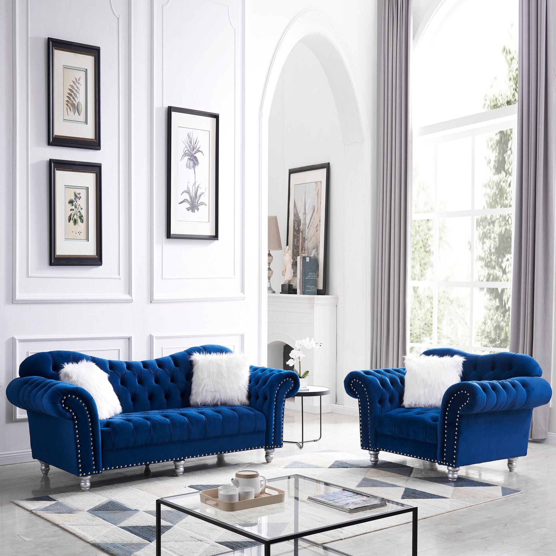 3 Piece Living Room Sofa Set, including 3-Seater Sofa, Loveseat and Sofa Chair, with Button and Copper Nail on Arms and Back, Five White Villose Pillow, Blue. House to Home Furnishings LLC