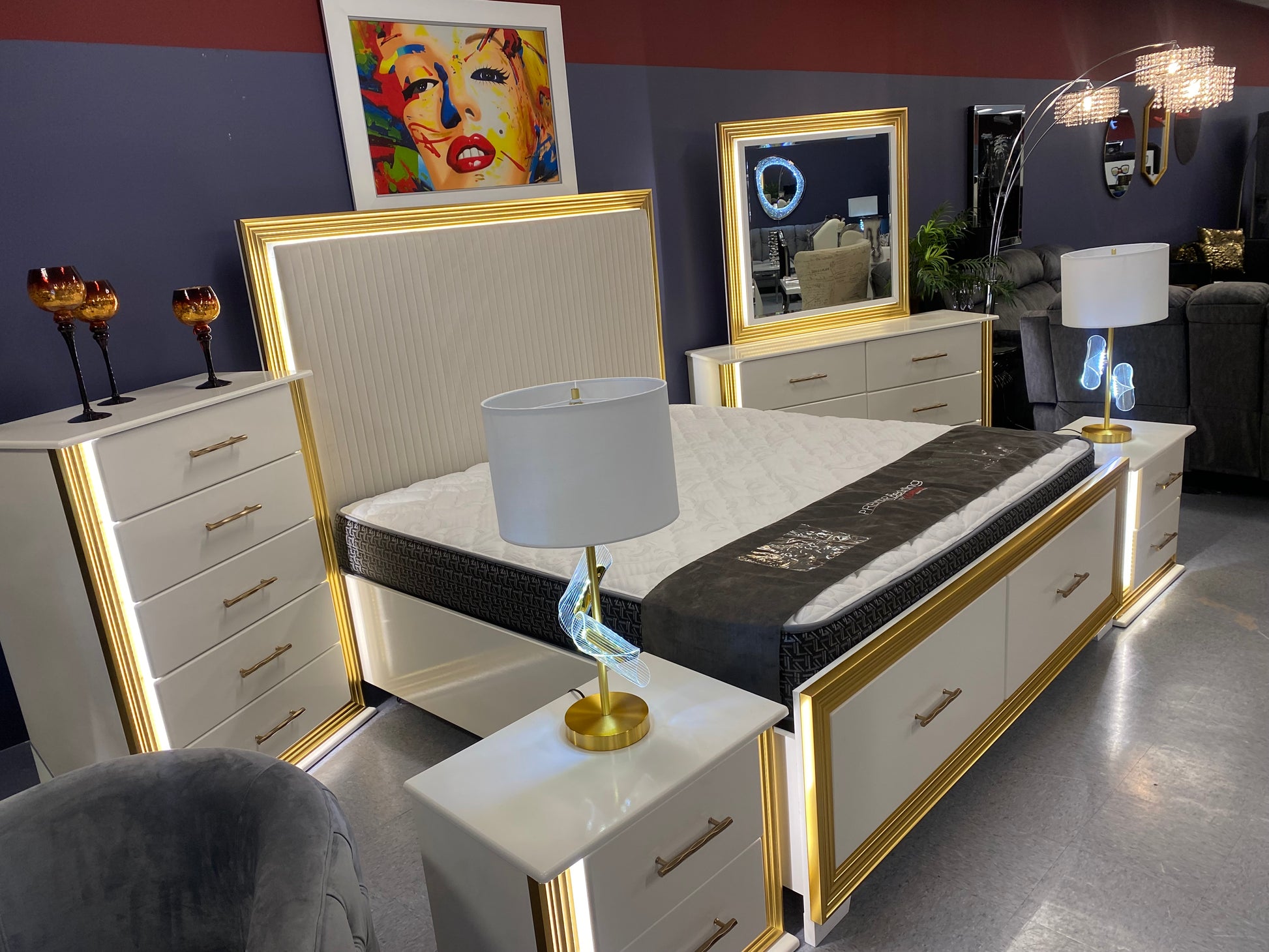 King Obsession 8pc White & Gold💡LED GLOW 💡Upholstered Platform Storage Bedroom Collection House to Home Furnishings LLC