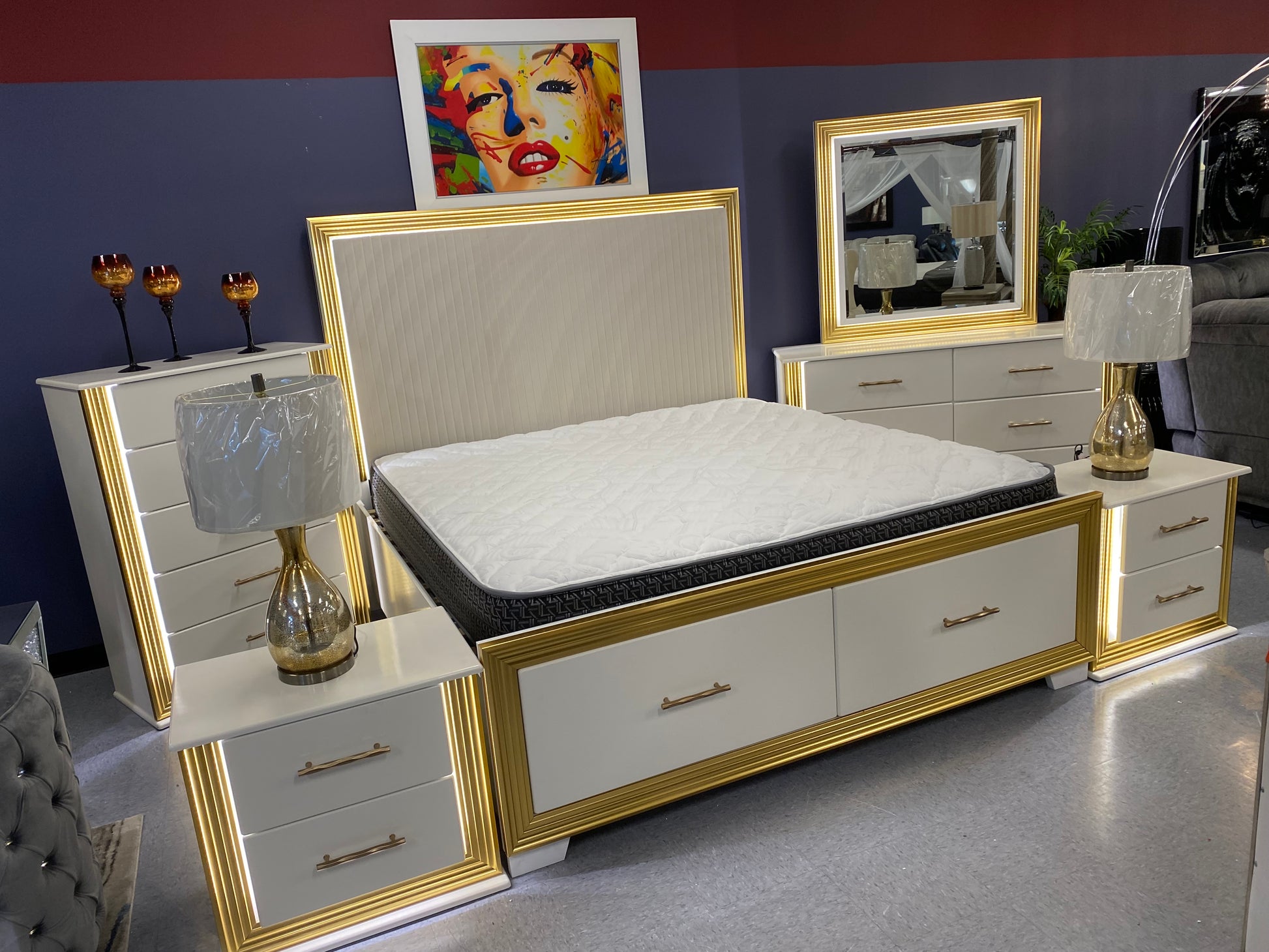 King Obsession 8pc White & Gold💡LED GLOW 💡Upholstered Platform Storage Bedroom Collection House to Home Furnishings LLC