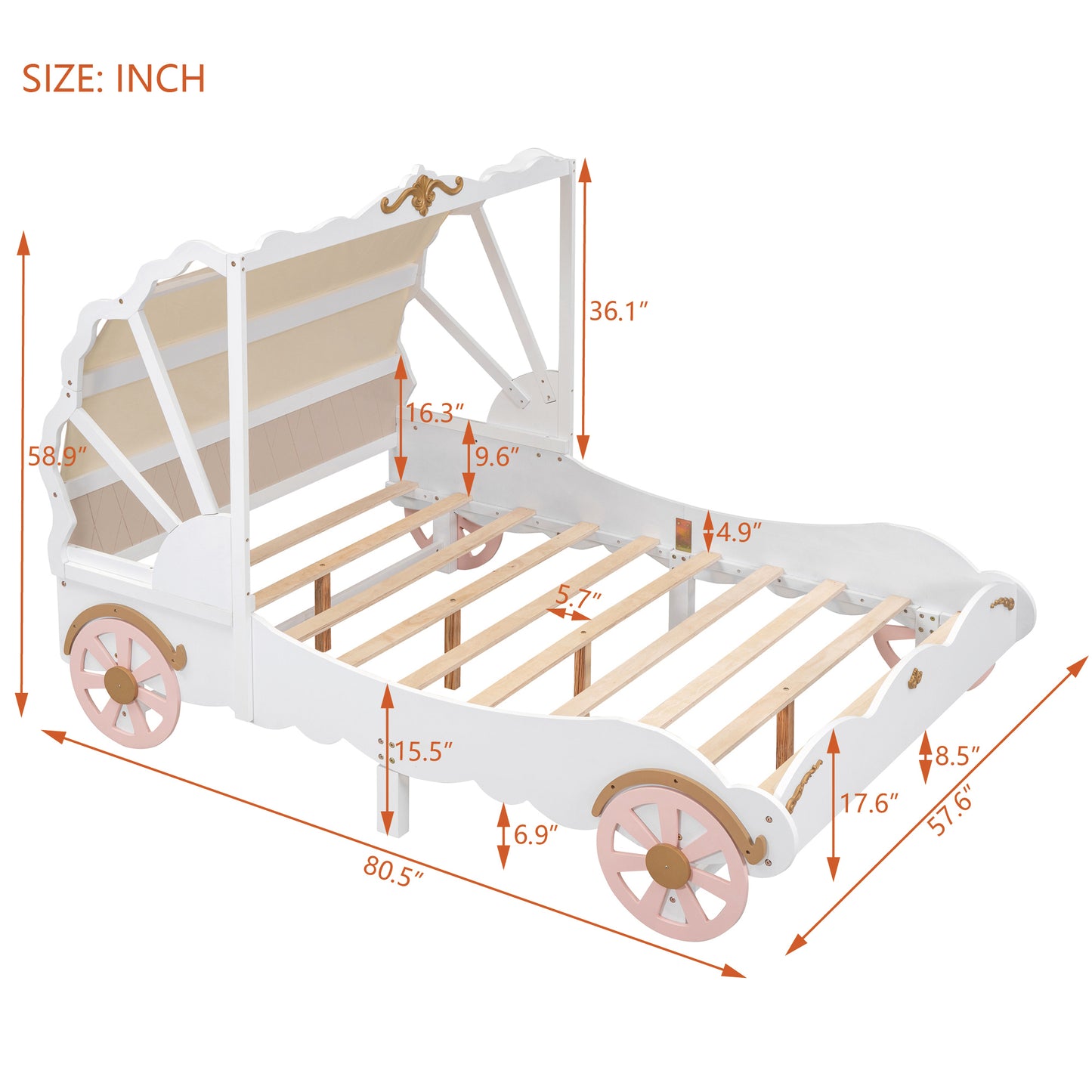 Full Size Princess Carriage Bed with Canopy, Wood Platform Car Bed with 3D Carving Pattern, White+Pink+Gold House to Home Furnishings LLC