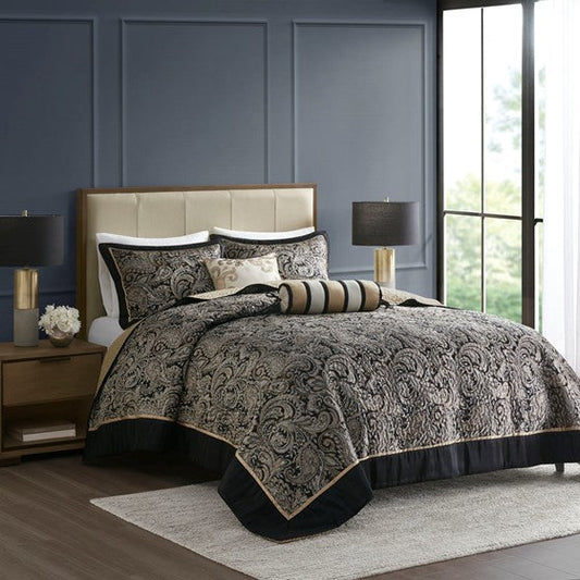 5 Piece Jacquard Bedspread Set with Throw Pillows Black King Olliix.com