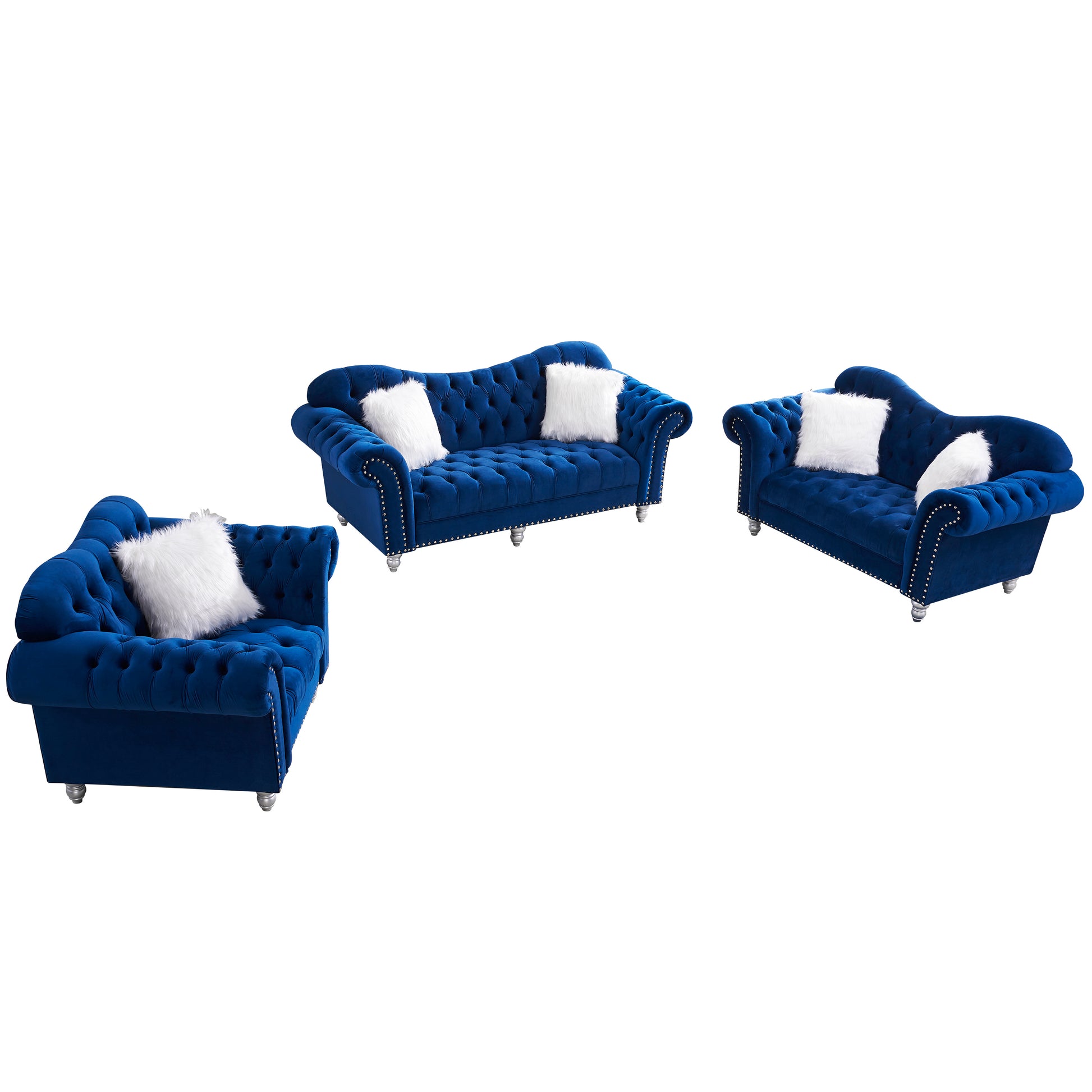 3 Piece Living Room Sofa Set, including 3-Seater Sofa, Loveseat and Sofa Chair, with Button and Copper Nail on Arms and Back, Five White Villose Pillow, Blue. House to Home Furnishings LLC