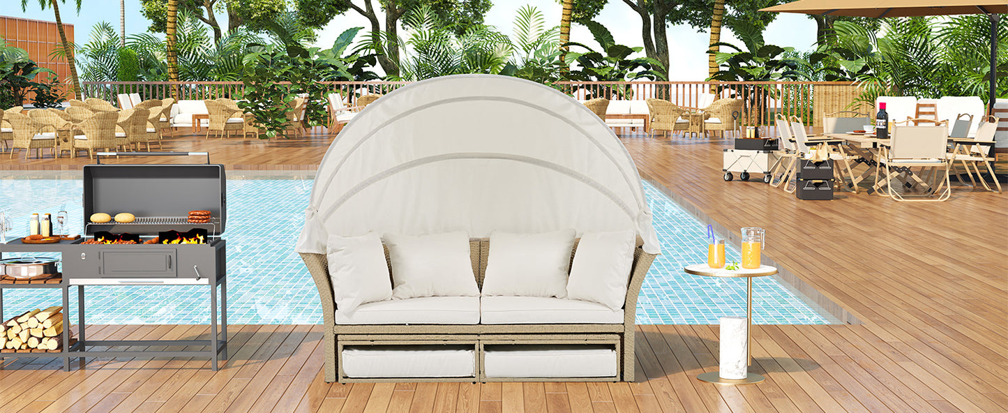 Outdoor Patio Daybed Wicker Rattan Double Daybed Round Sofa Furniture Set with Retractable Canopy, 4 Pillows for Lawn Garden Backyard Porch Pool, Beige House to Home Furnishings LLC