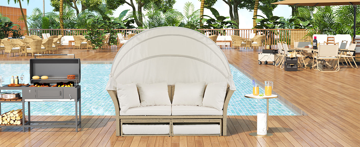 Outdoor Patio Daybed Wicker Rattan Double Daybed Round Sofa Furniture Set with Retractable Canopy, 4 Pillows for Lawn Garden Backyard Porch Pool, Beige House to Home Furnishings LLC