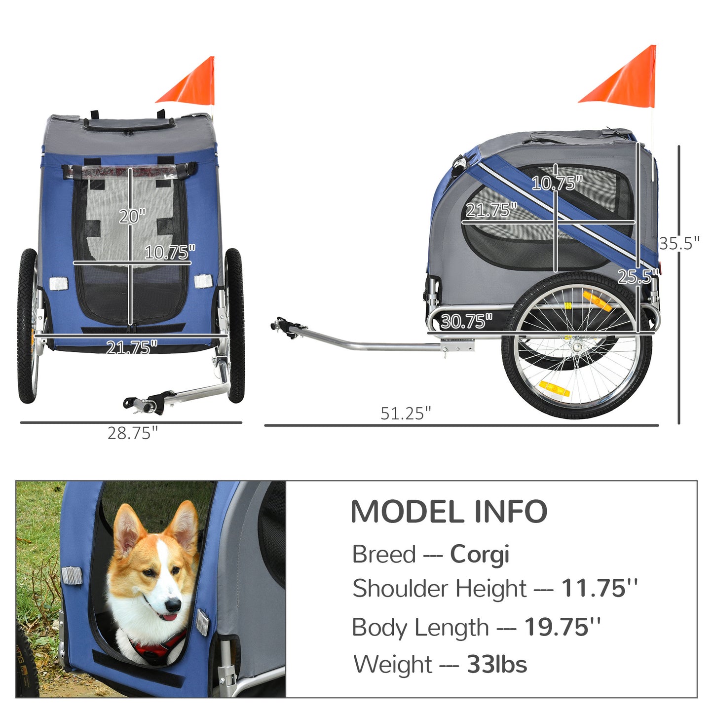 Aosom Dog Bike Trailer Pet Cart Bicycle Wagon Cargo Carrier Attachment for Travel with 3 Entrances Large Wheels for Off-Road & Mesh Screen - Blue / Grey House to Home Furnishings LLC