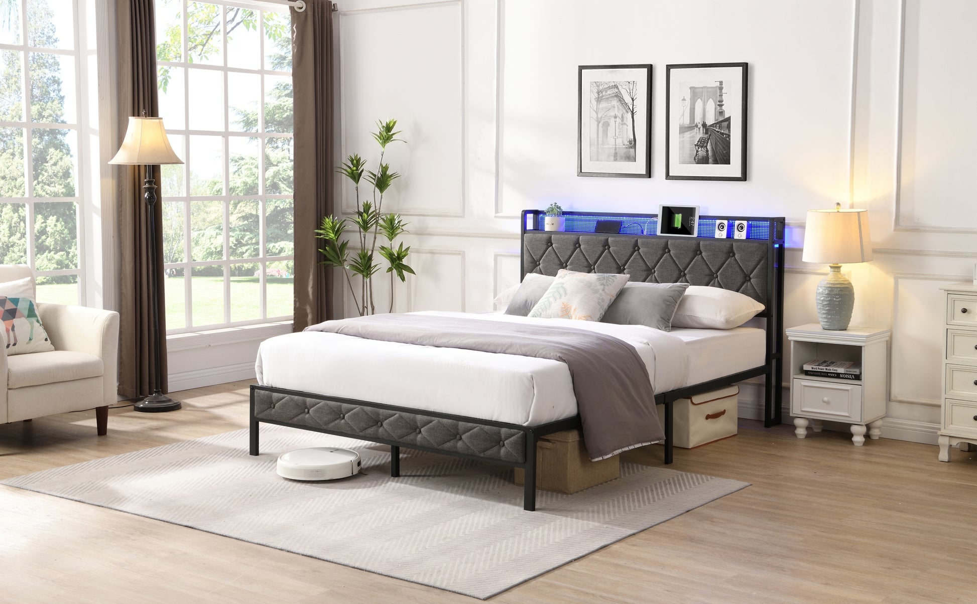 Full Bed Frame with  Storage Headboard, Charging Station and LED Lights, Upholstered Platform Bed with Heavy Metal Slats, No Box Spring Needed, Noise Free, Easy Assembly, Dark Gray House to Home Furnishings LLC