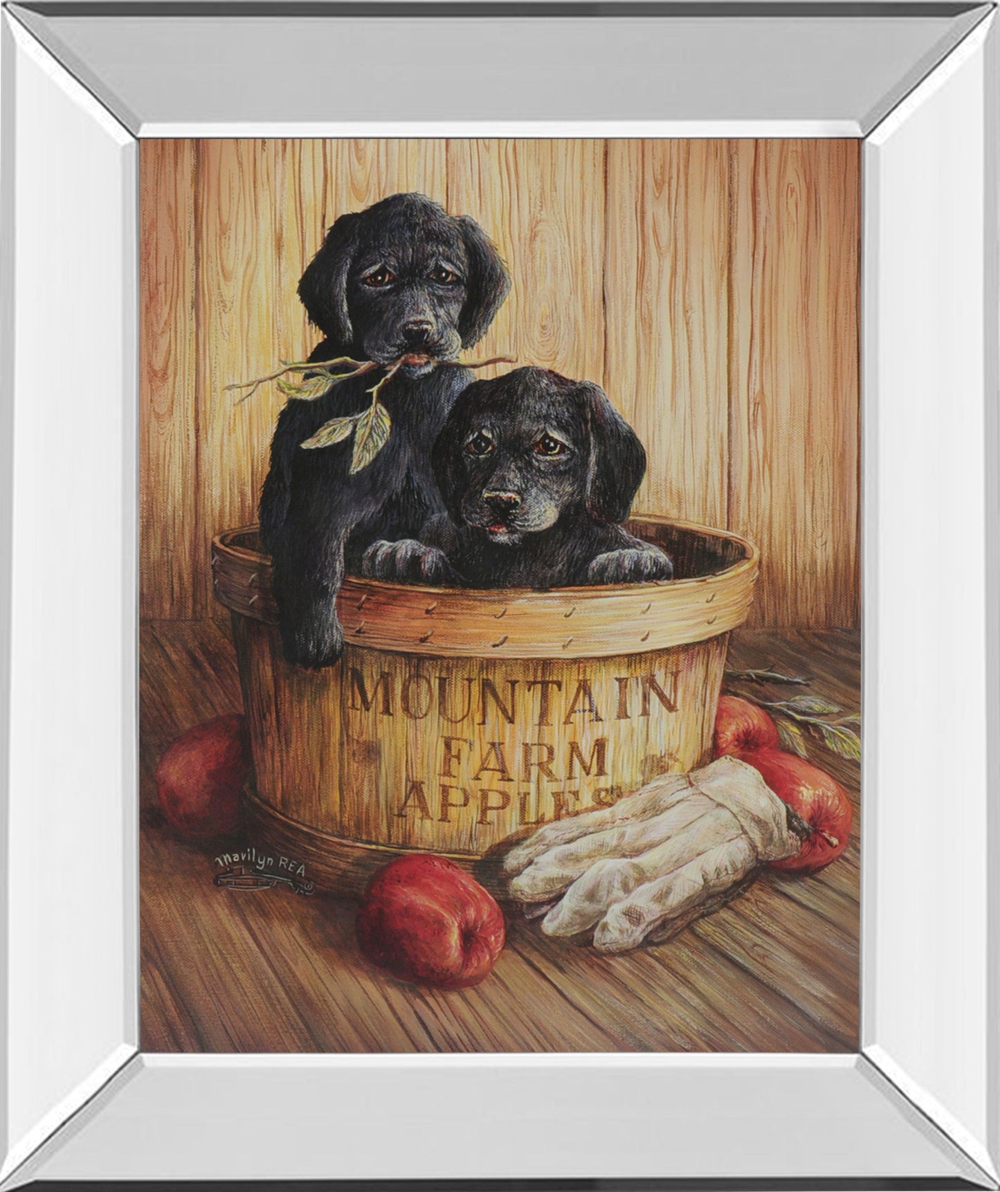 Black Labs - Mirror Framed Print Wall Art - Dark Brown Classy Art