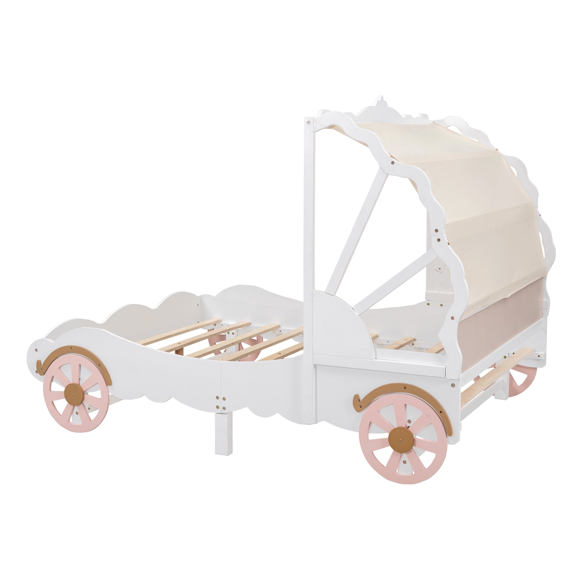 Full Size Princess Carriage Bed with Canopy, Wood Platform Car Bed with 3D Carving Pattern, White+Pink+Gold House to Home Furnishings LLC