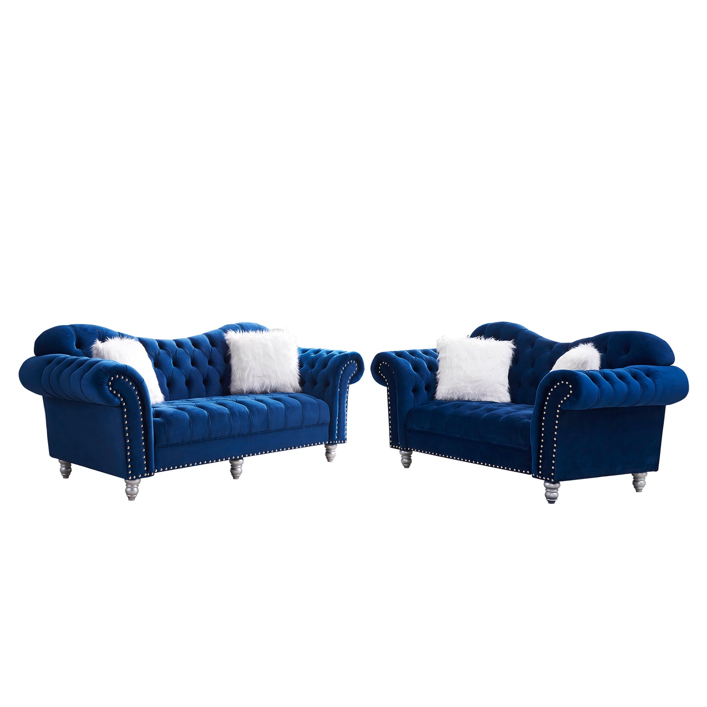 3 Piece Living Room Sofa Set, including 3-Seater Sofa, Loveseat and Sofa Chair, with Button and Copper Nail on Arms and Back, Five White Villose Pillow, Blue. House to Home Furnishings LLC