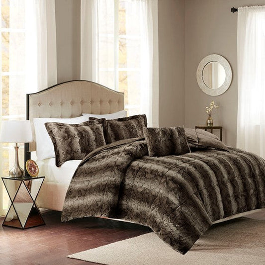 4PC Faux Fur Comforter Set Brown King Olliix.com