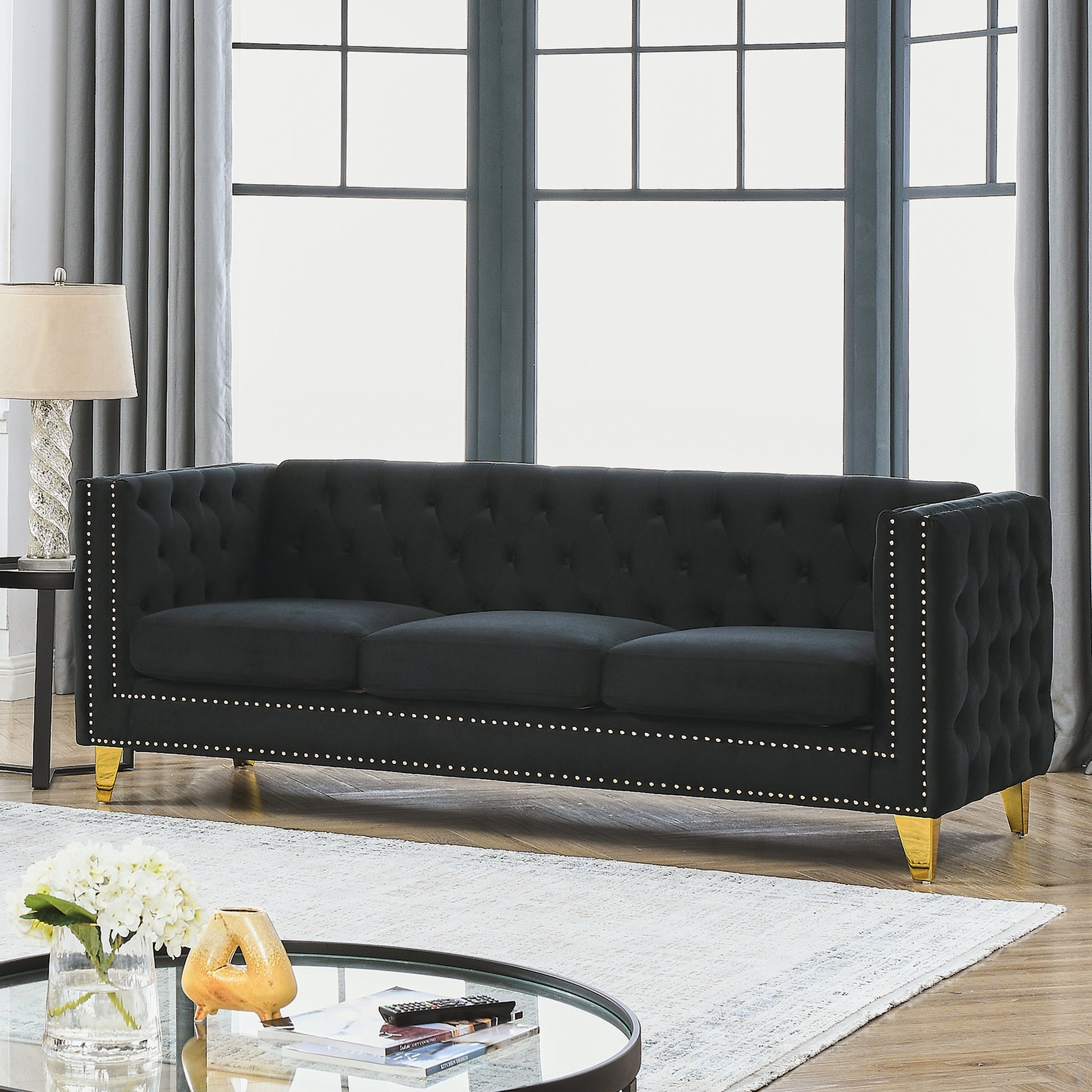 {Contact us for 3D modeling} Velvet Sofa for Living Room,Buttons Tufted Square Arm Couch, Modern Couch Upholstered Button and Metal Legs, Sofa Couch for Bedroom, Black Velvet(W834S00022) House to Home Furnishings LLC