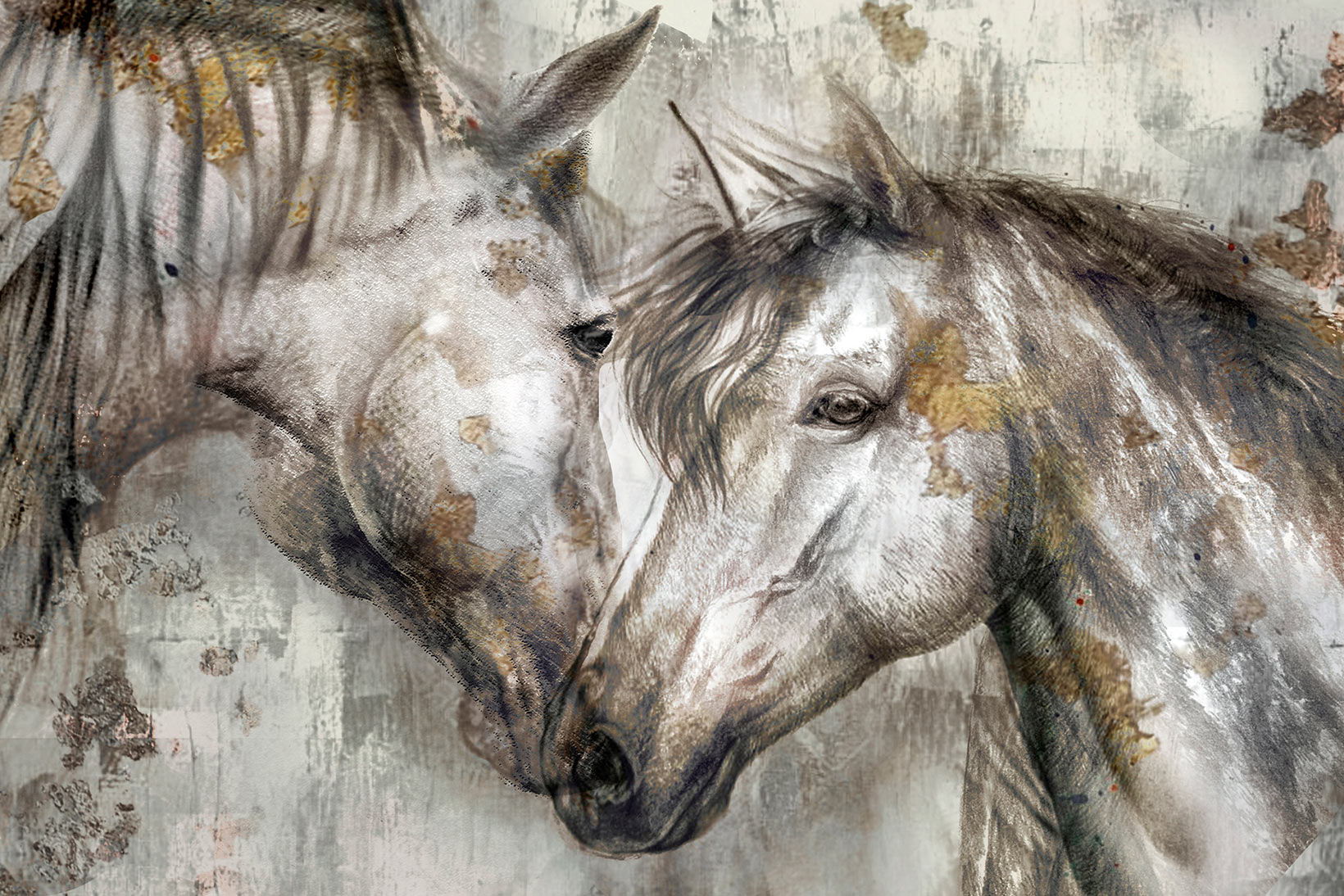Floating Tempered Glass With Foil Horses In Love - Gray Classy Art