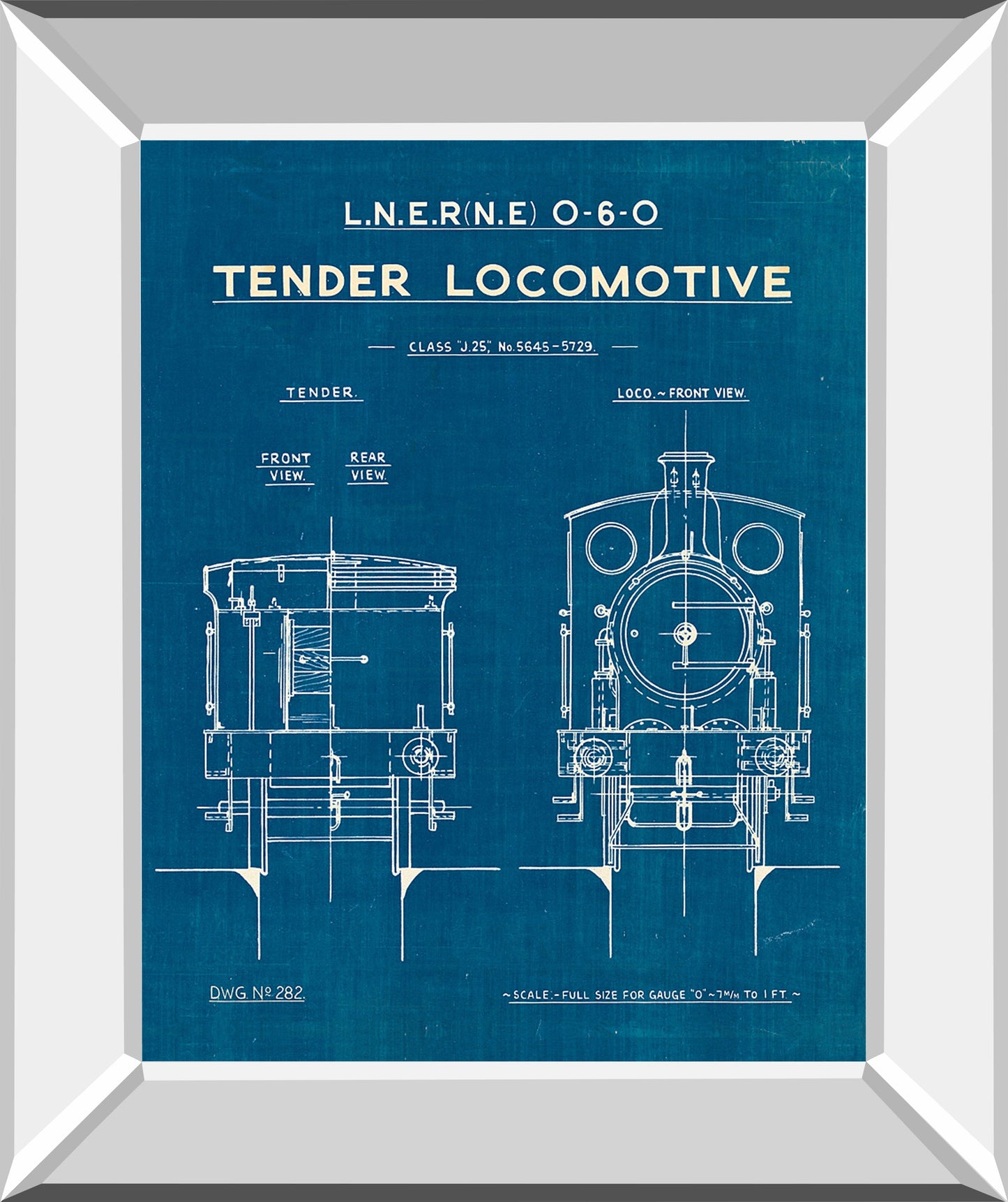 Locomotive Blueprint III By Wild Apple Portfolio - Mirror Framed Print Wall Art - Blue Classy Art