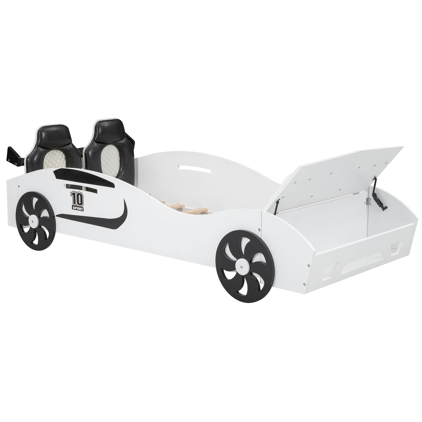 Twin Size Race Car-Shaped Platform Bed with Upholstered Backrest and Storage, White House to Home Furnishings LLC