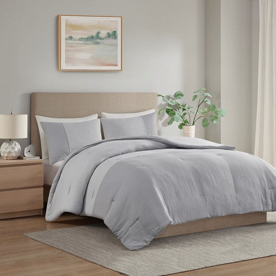 3 Piece Gauze Oversized Comforter Set Gray Full/Queen Olliix.com