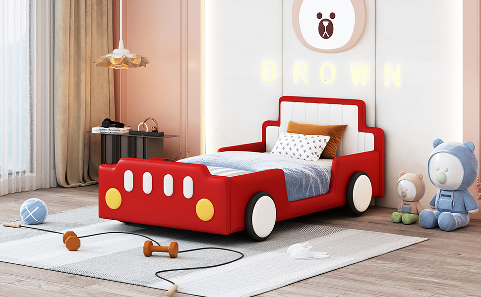 Twin Size Race Car-Shaped Platform Bed with Wheels,Red House to Home Furnishings LLC