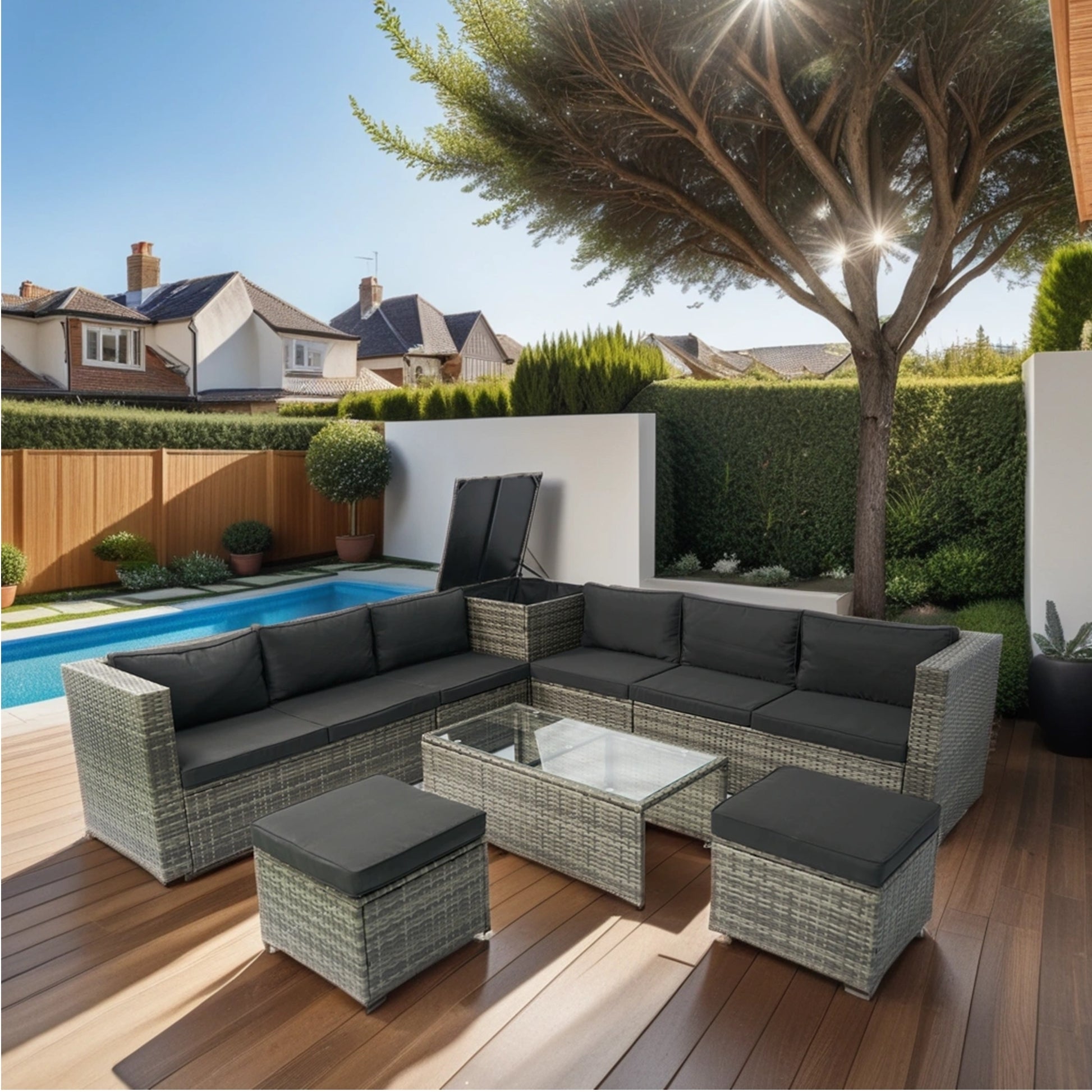 8 Piece Patio Outdoor Sectional Wicker Rattan Outdoor Furniture Sofa Set with One Storage Box Under Seat and Cushion Box Grey wicker + Black Cushion + Clear Glass Top House to Home Furnishings LLC