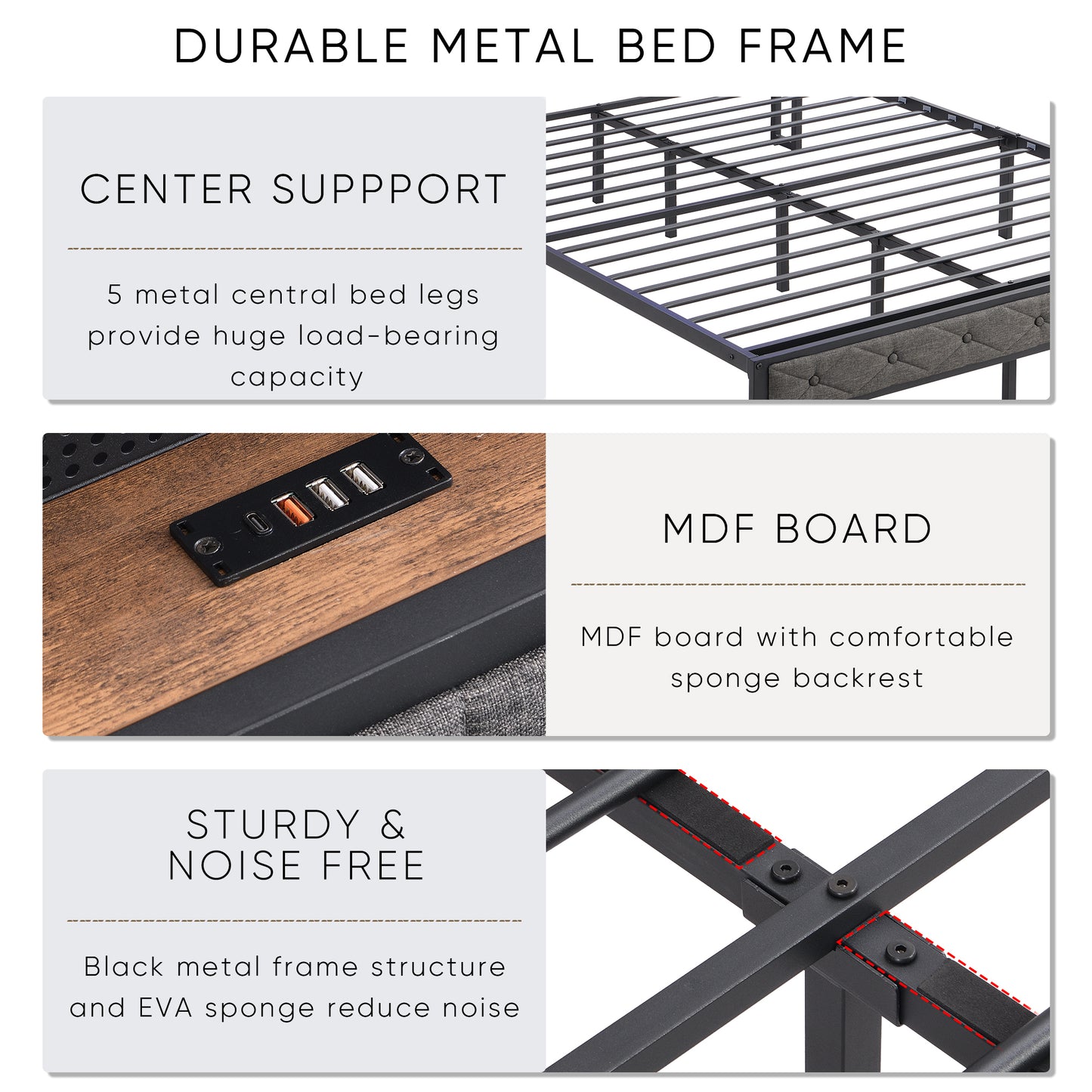 Full Bed Frame with  Storage Headboard, Charging Station and LED Lights, Upholstered Platform Bed with Heavy Metal Slats, No Box Spring Needed, Noise Free, Easy Assembly, Dark Gray House to Home Furnishings LLC