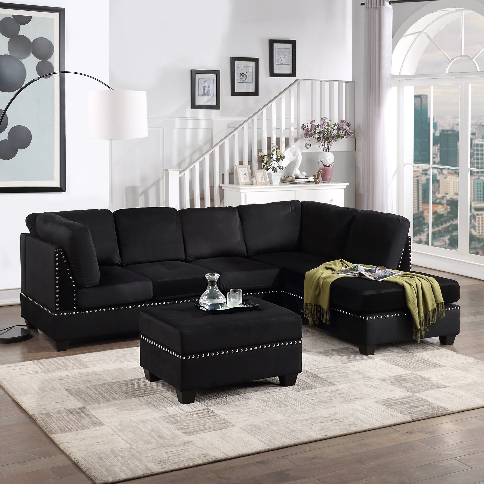 104.5" Reversible Sectional Sofa Space Saving with Storage Ottoman Rivet Ornament L-
shape Couch for Small or Large Space Dorm Apartment,Black(Old:SG000406AAA) House to Home Furnishings LLC