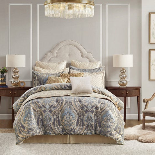 4 Piece Comforter Set Blue/Grey Queen Olliix.com