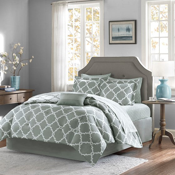 9 Piece Comforter Set with Cotton Bed Sheets Grey Cal King Olliix.com